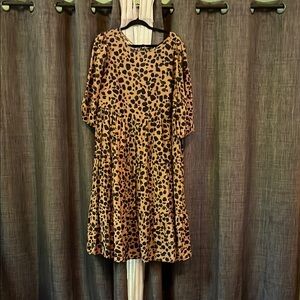 Ava & Viv Tan Pleated Animal Print Midi Dress with Bishop Sleeves